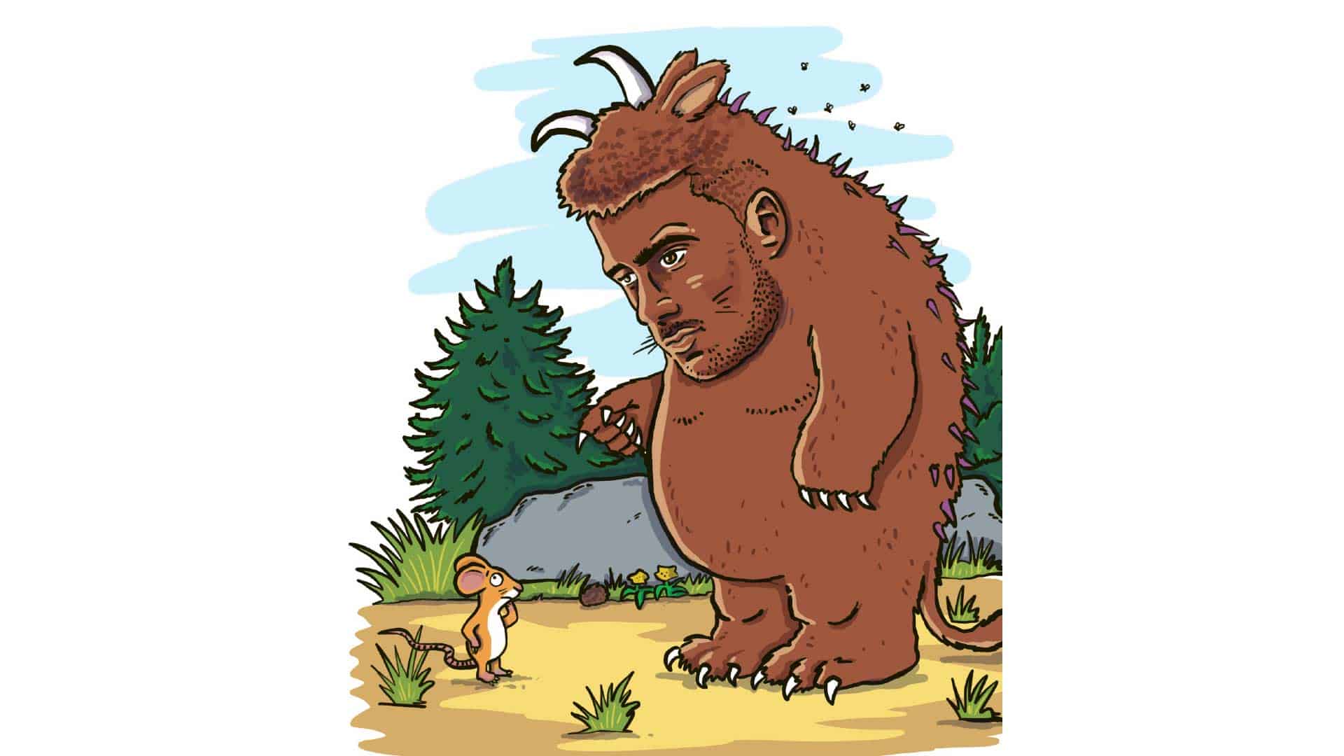 An illustration the cover of The Gruffalo with Ilia Gruev as the title character
