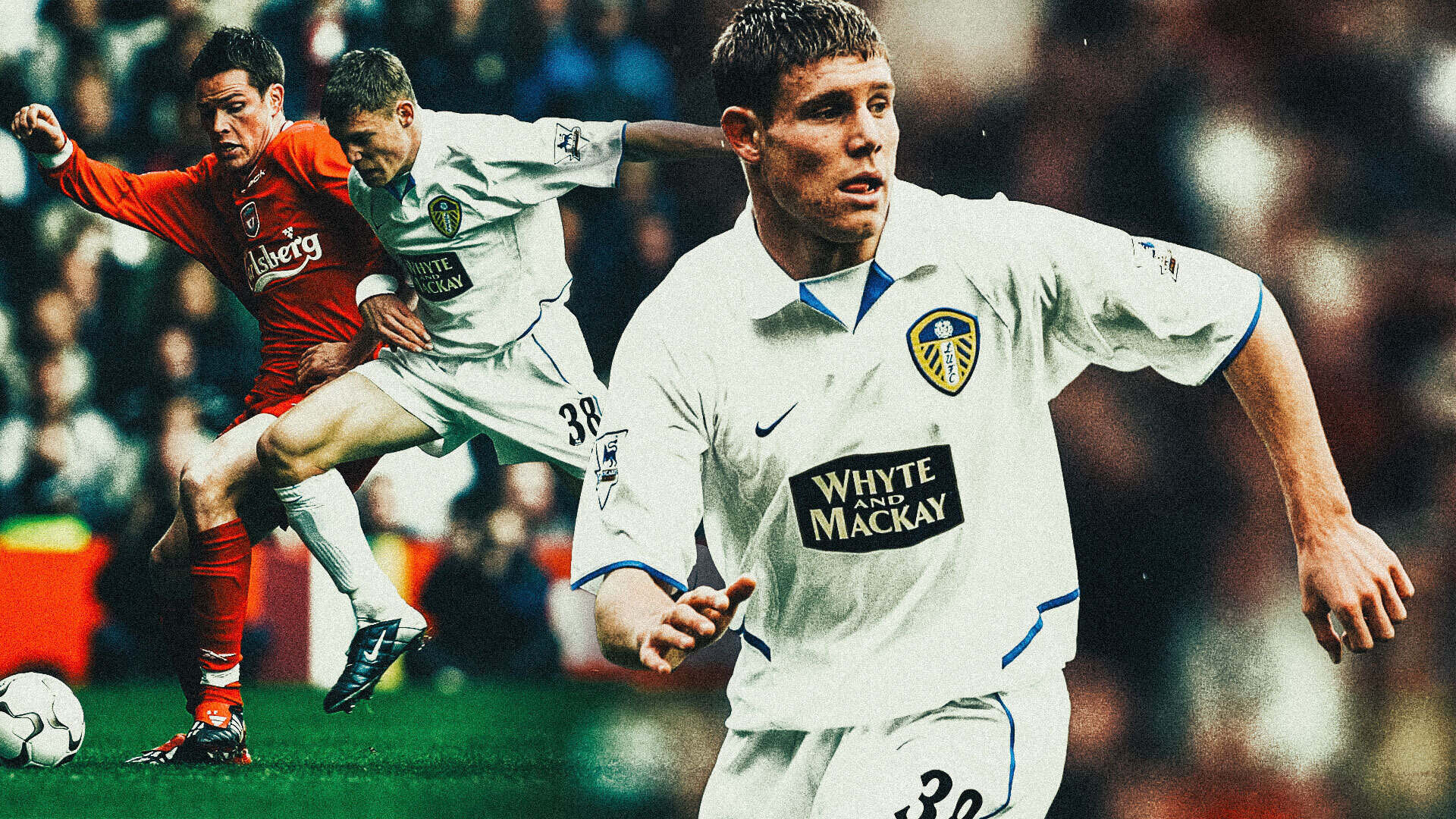 A collage of James Milner playing for Leeds United as a teenager, looking exactly the same as he does now