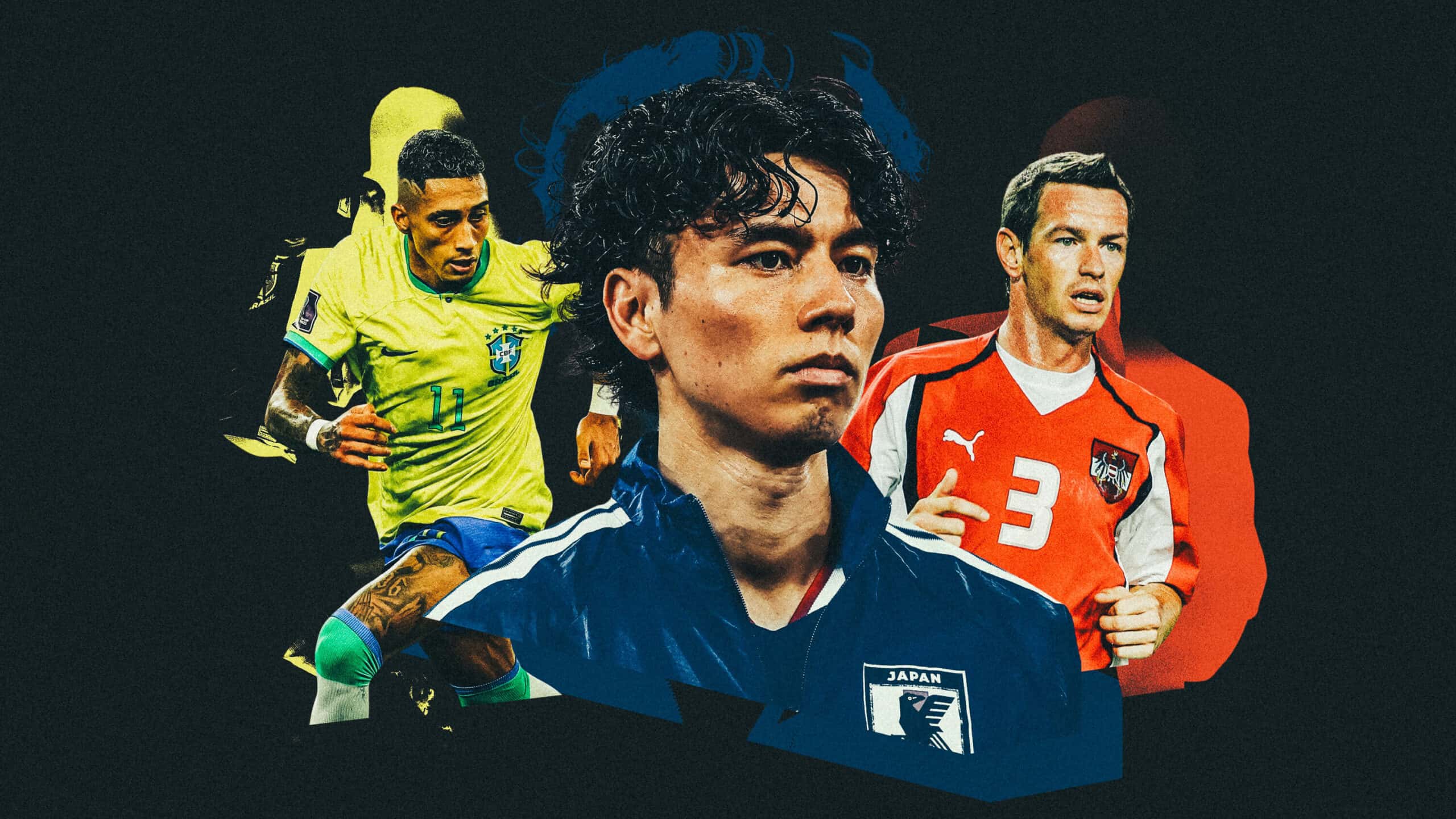 A collage of everyone's favourite Leeds United heroes for this summer's World Cup: Raphinha, Ao Tanaka and, erm, Martin Hiden