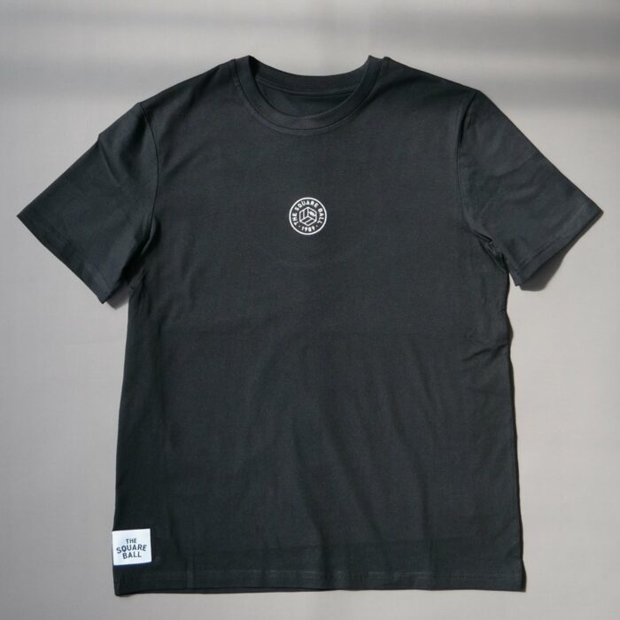 A flat photo of our black t-shirt with a TSB logo embroidered in white to the centre of the chest