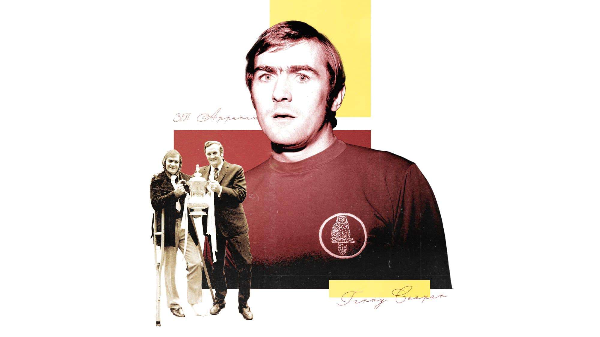 A composite image of Terry Cooper in wearing a Leeds shirt with the owl badge, and holding the FA Cup, with Don Revie, while on crutches