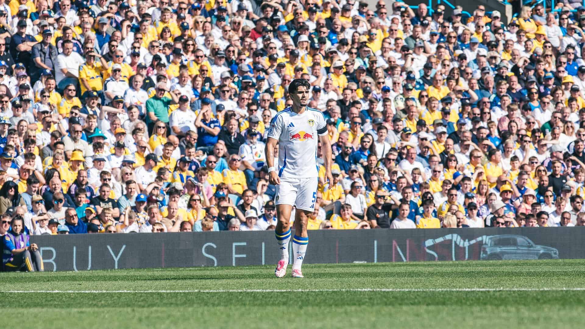Pascal Struijk looking big and sexy (but not actually that much like a pirate) standing in front of the East Stand during Leeds' win over Hull
