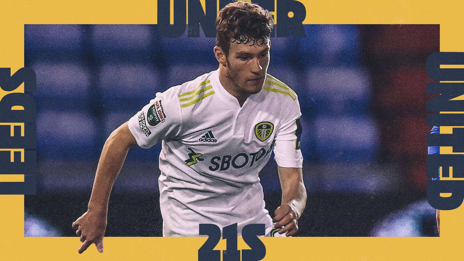 A photo of Charlie Allen playing for Leeds in last season's home shirt, surrounded by the words Leeds United Under 21s