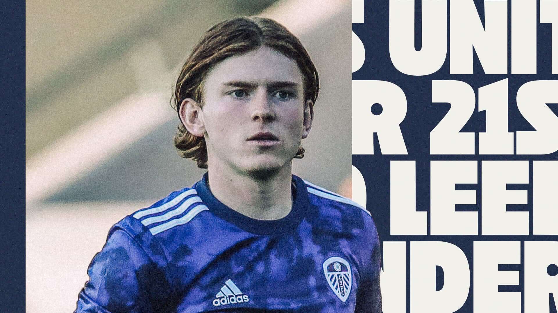 A photo of Little Sean McGurk in the blue away shirt next to the words 'LEEDS UNITED UNDER-21S'