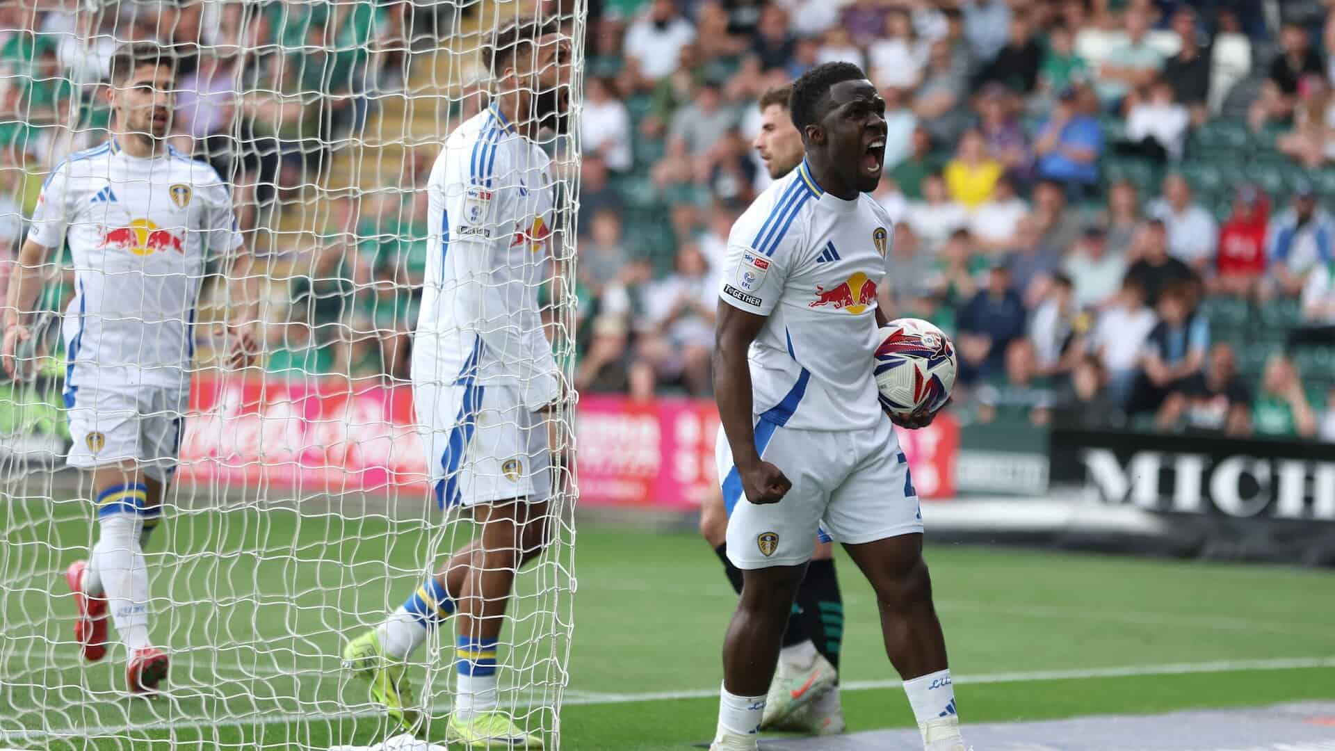Wilf Gnonto giving the away end a quick growl while briefly celebrating his equaliser at Plymouth before readying himself to go win the title