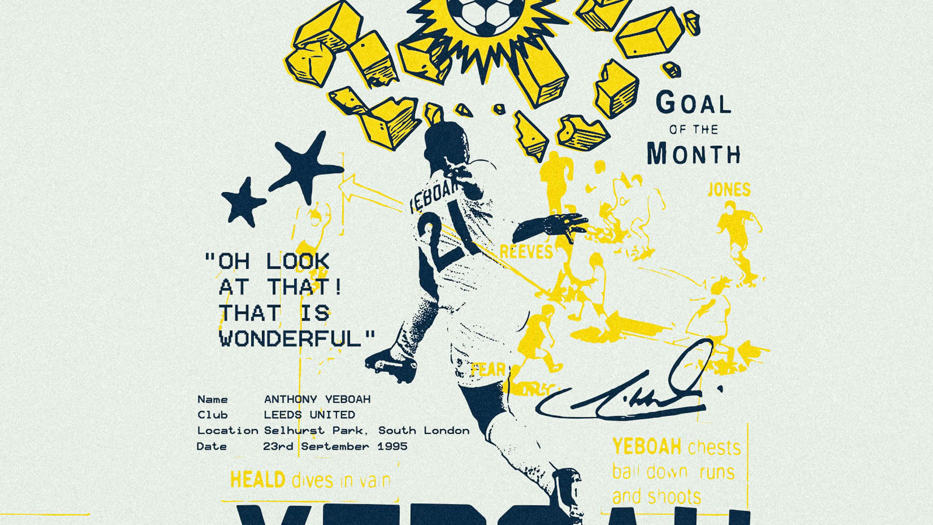 Artwork of Tony Yeboah volleying a ball into oblivion