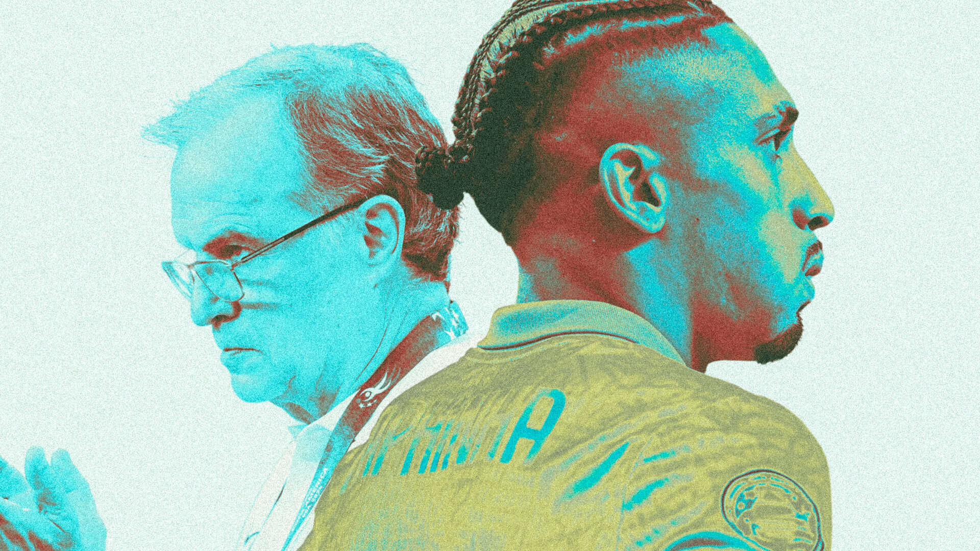 An image of Marcelo Bielsa and Raphinha, glaring intently in opposite directions