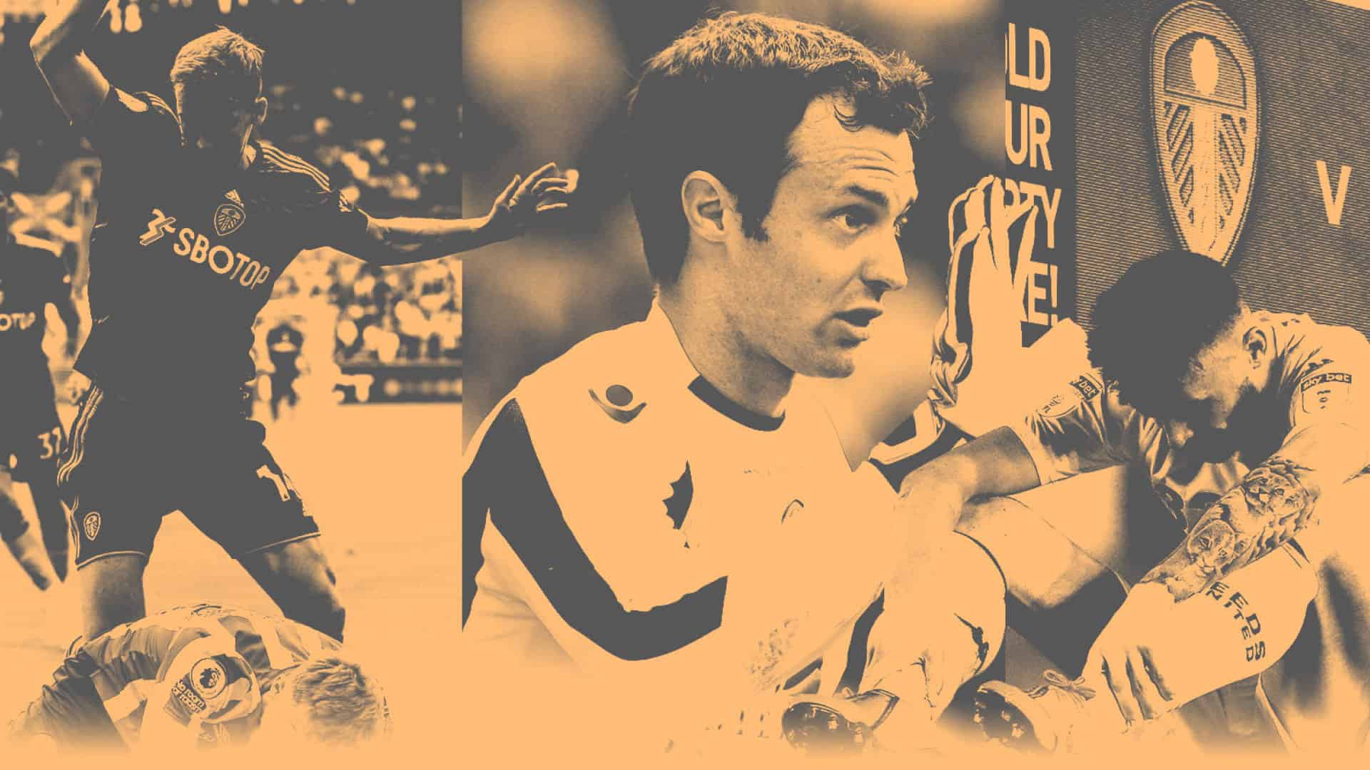 A collage of Leeds United capitulations: Diego Llorente at Brentford, Paul Rachubka v Blackpool, Stuart Dallas against Derby, and the scoreboard from the 7-3 vs Nottingham Forest