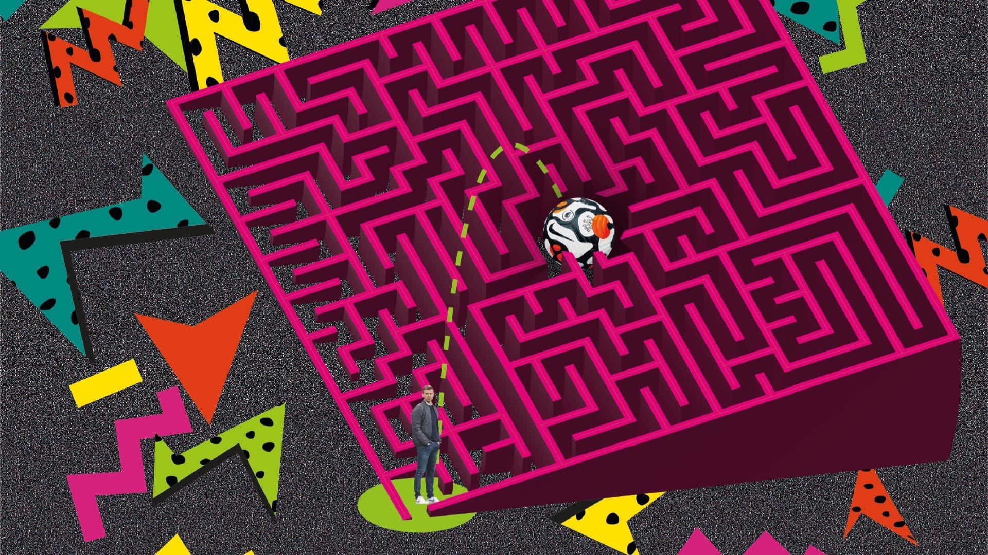 A funky illustration of Jesse Marsch standing with his back to a ball being stuck in the middle of a pink maze, where it will be stuck forever more