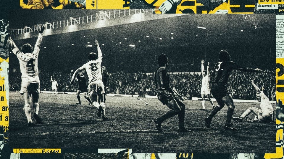 Leeds United celebrating a goal in their glorious triumph over Barcelona in the first leg of the 1974/75 European Cup semi-final