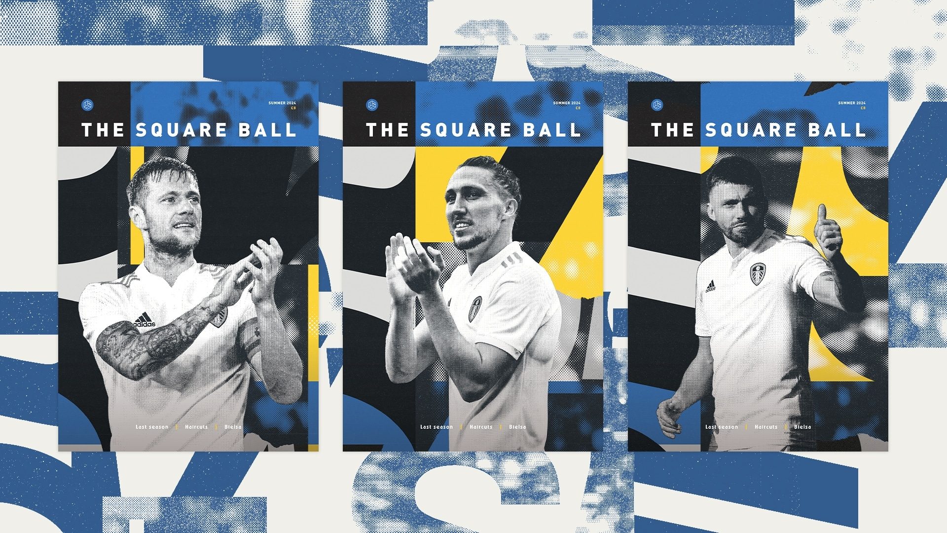 A composite image of all three available covers of the TSB Summer Special 2024, featuring Liam Cooper, Luke Ayling or Stuart Dallas