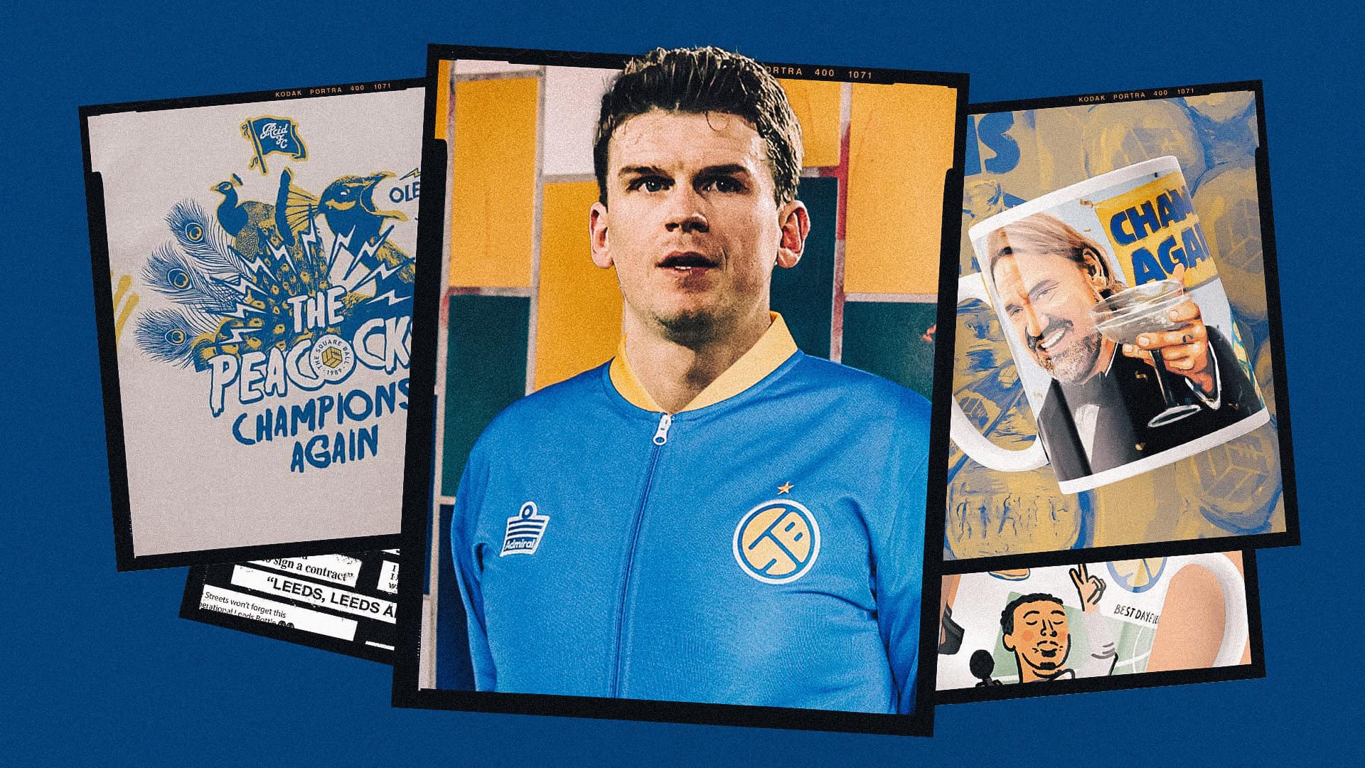 A collage of Father's Day gift idea — our Champions Again Peacocks t-shirt, our Champions Again Daniel Farke again, and Sam Byram wearing our Paris 75 Admiral tracksuit jacket (which may or may not be photoshopped)