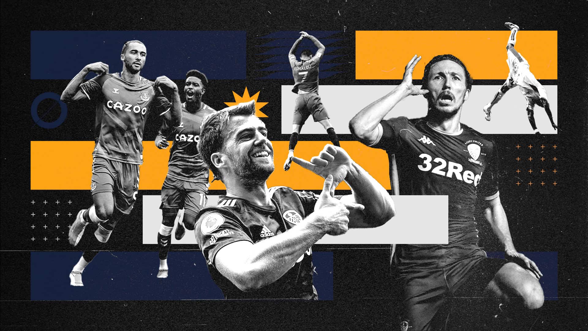 A graphic showing players celebrating goals, from the bad (Ronaldo, Calvert-Lewin) to the good (Pazza Bamfs, Bill, Tresor Kandol)