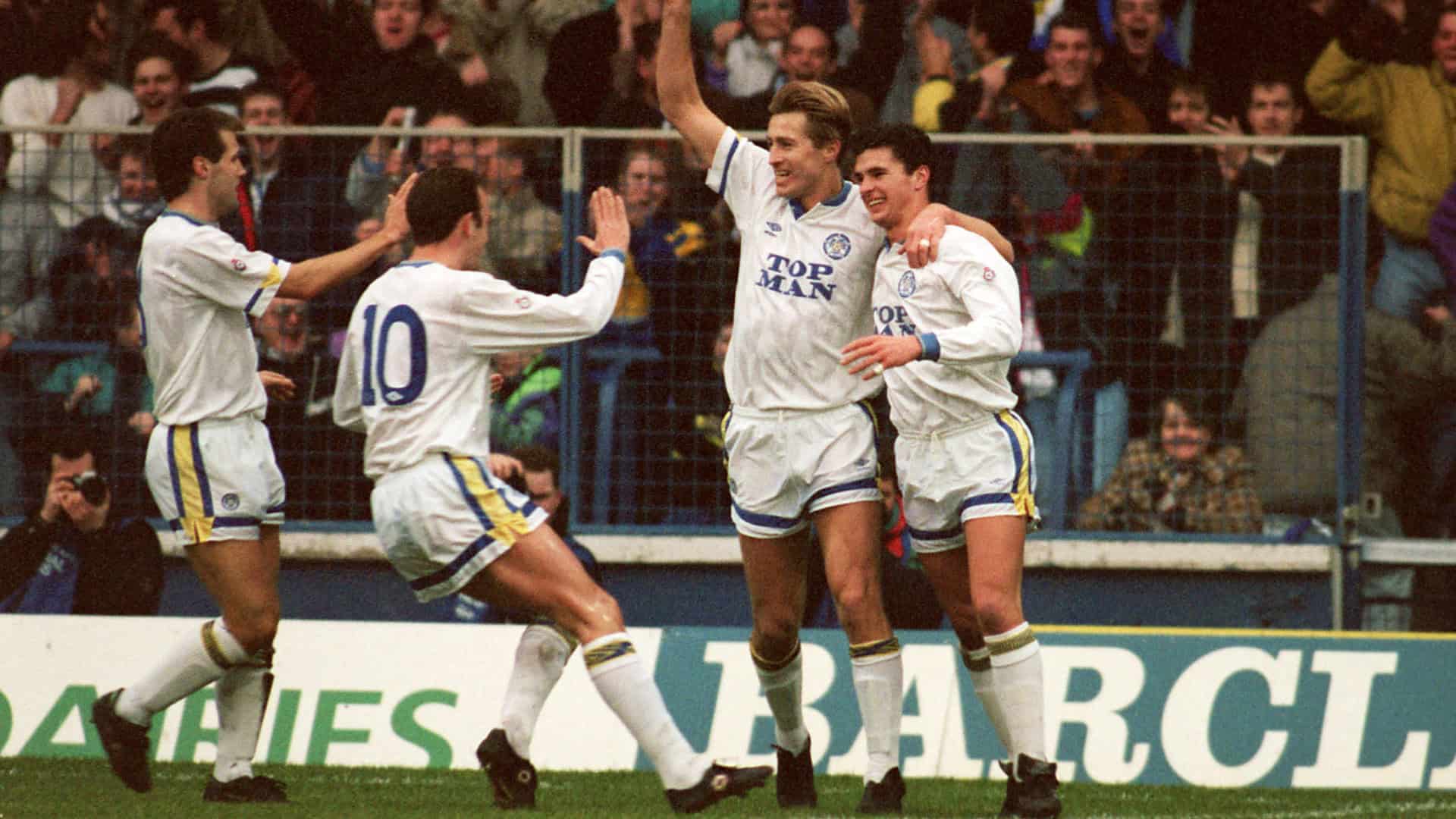 Lee Chapman celebrates scoring for Leeds alongside Gary Speed and Gary McAllister