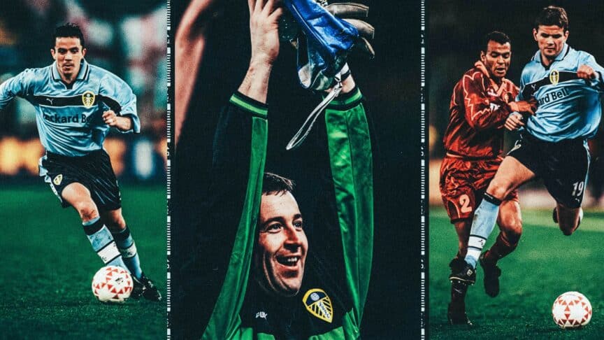 A collage of images from Leeds' 0-0 draw at Roma — Gary Kelly, Eirik Bakke, and the magnificent Nigel Martyn saluting the away fans