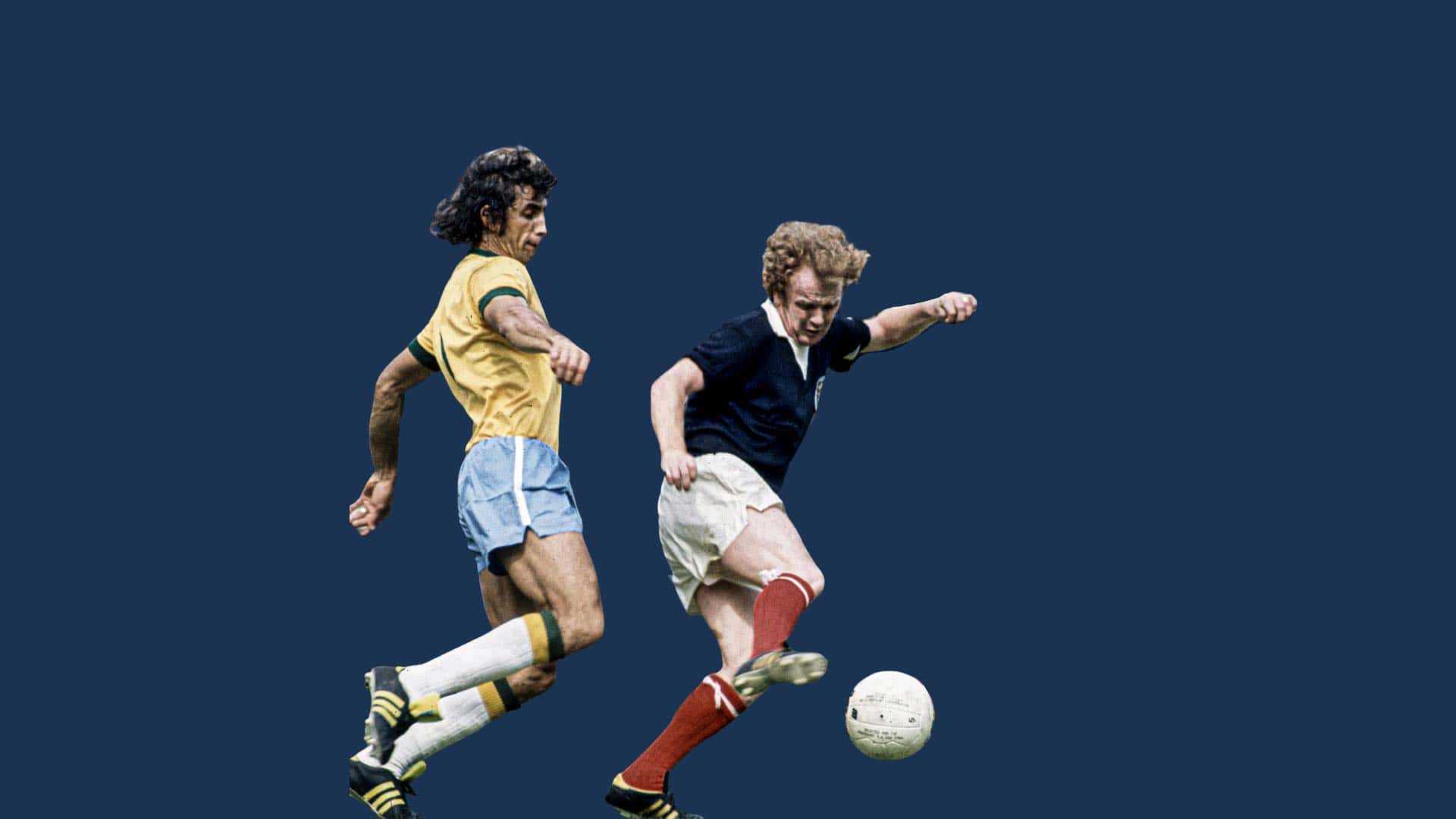 Billy Bremner dribbling past a Brazil player at the 1974 World Cup. He's too good for them
