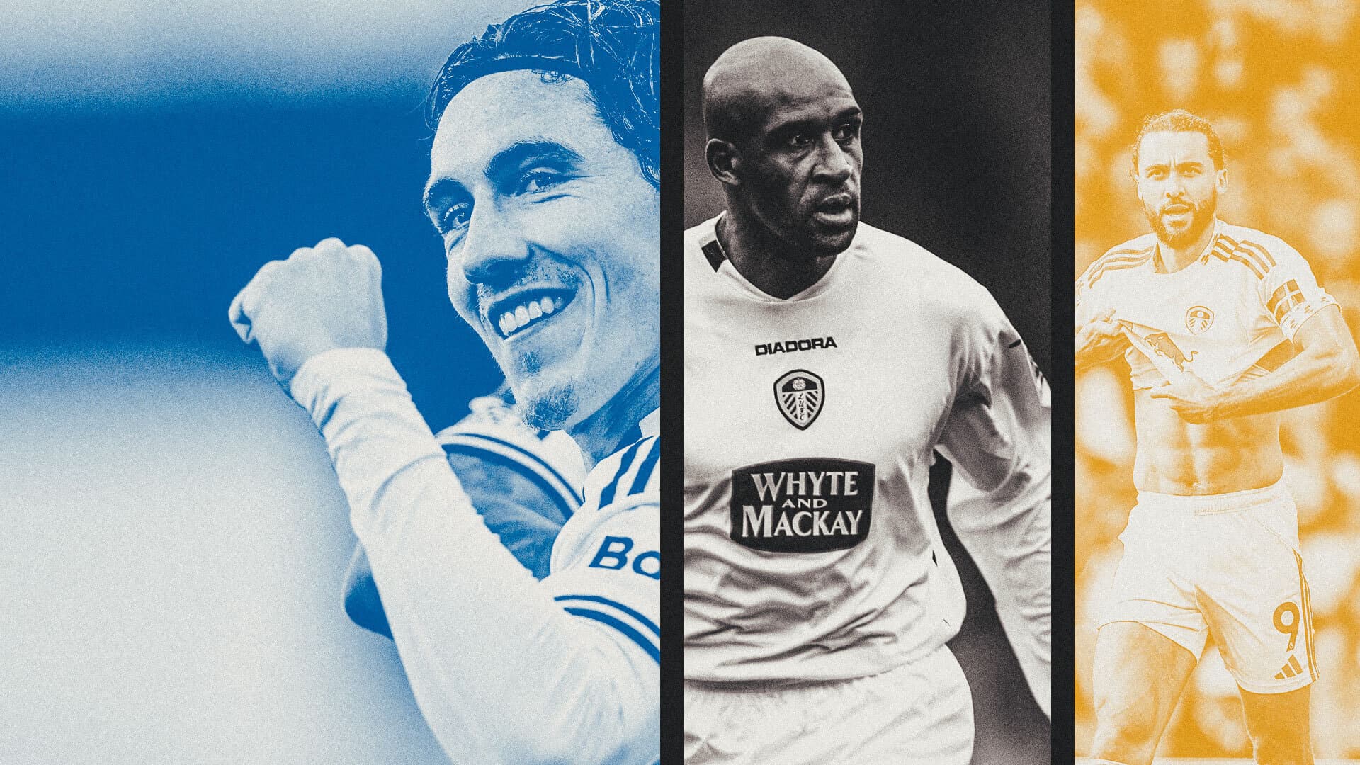 A collage of Leeds United free transfers: Harry Wilson, Brian Deane and Dominic Calvert-Lewin
