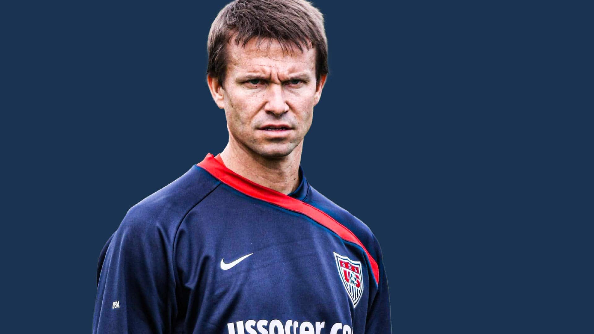 Jesse Marsch looking stern, watching USA training as assistant manager at the 2010 World Cup